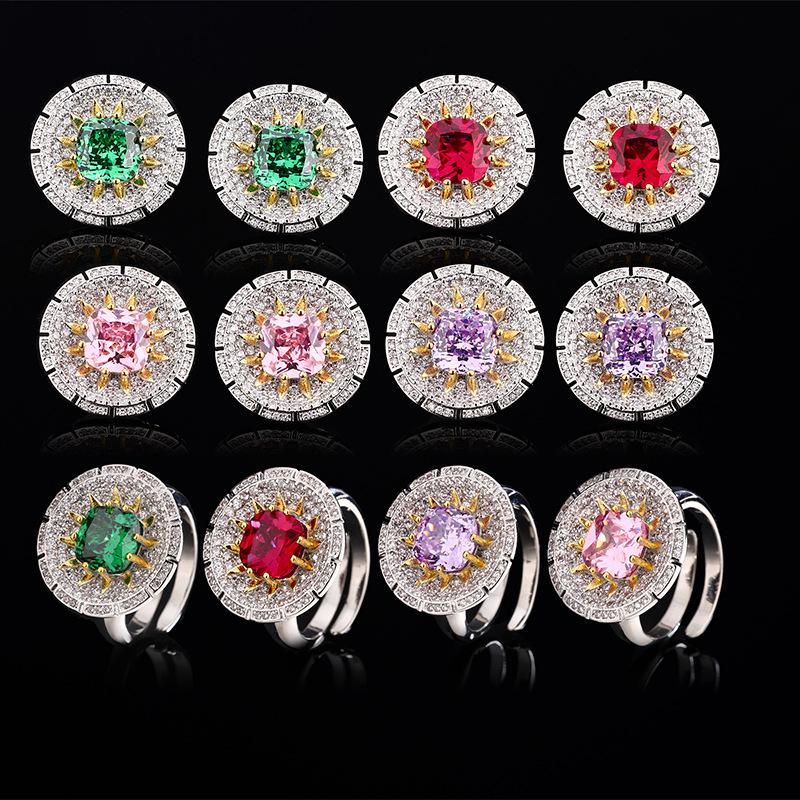 Elegant retro European and American square emerald stud earrings, ring opening red corundum pink diamond Roland suit for women