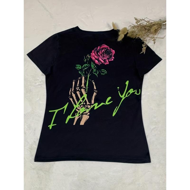 Футболка с V-образным вырезом и принтом черепа, повседневный топ с коротким рукавом на весну и лето, женская одежда, футболки женские