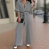 Women Summer Shirt Collar Short Sleeve Striped Pocket Wide Leg Jumpsuits