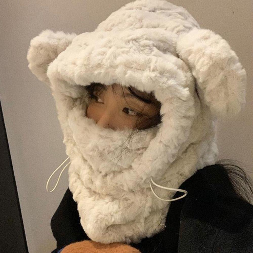 Keep Warm Balaclava Hat Plush Mask Skullies Set Fashion Hooded Scarf Pullover Hat Riding