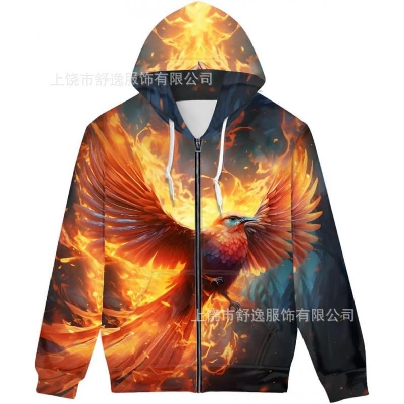 Mens Oversized Hooded Zip-Up Sweatshirt With Realistic 3D Digital Print Casual Long Sleeve Pullover