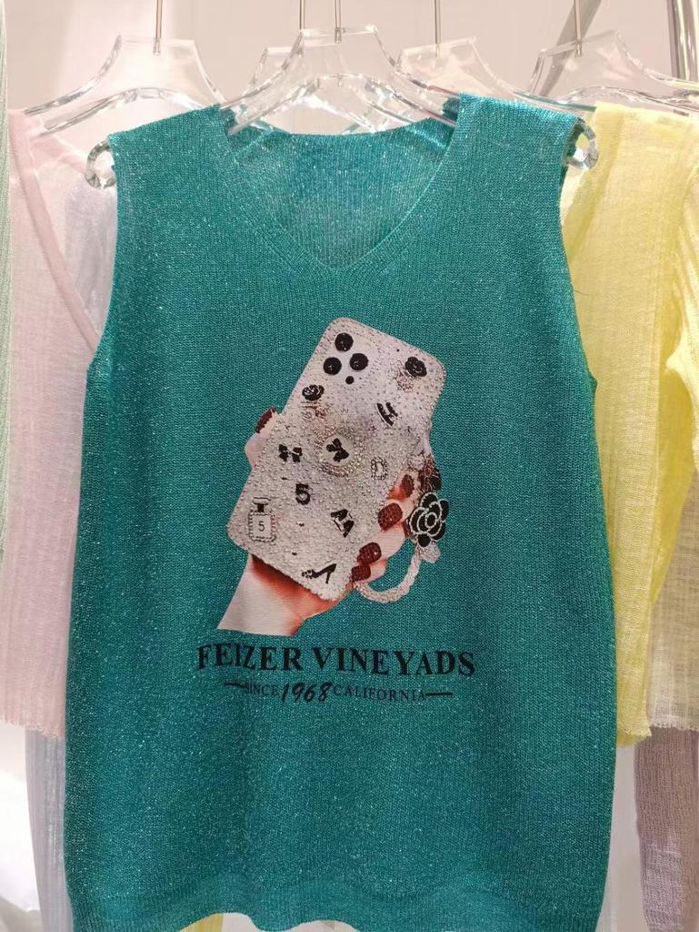 2023 Блестящий шелковый женский жилет без рукавов с V-образным вырезом - Новый стиль весна/лето, свободный крой с вязаным дизайном на бретелях с горячими бриллиантами