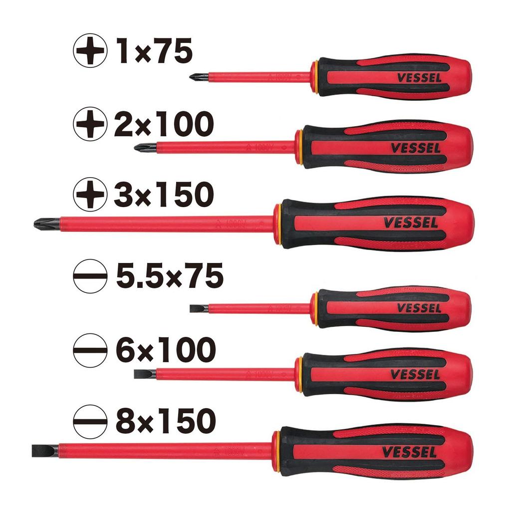 VESSEL Megadora Insulated Electric Shock VDE 9606PS Screwdriver, 6-Piece Set, Prevention, Certified,