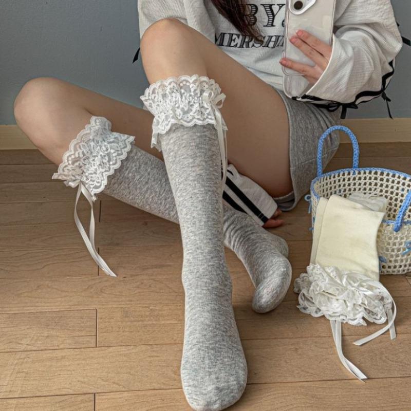 Lolita Princess Stockings, Lace Trim Stockings, Calf Stockings, Cute Girls, Summer Bow Stockings, Long Stockings, Pile Stockings