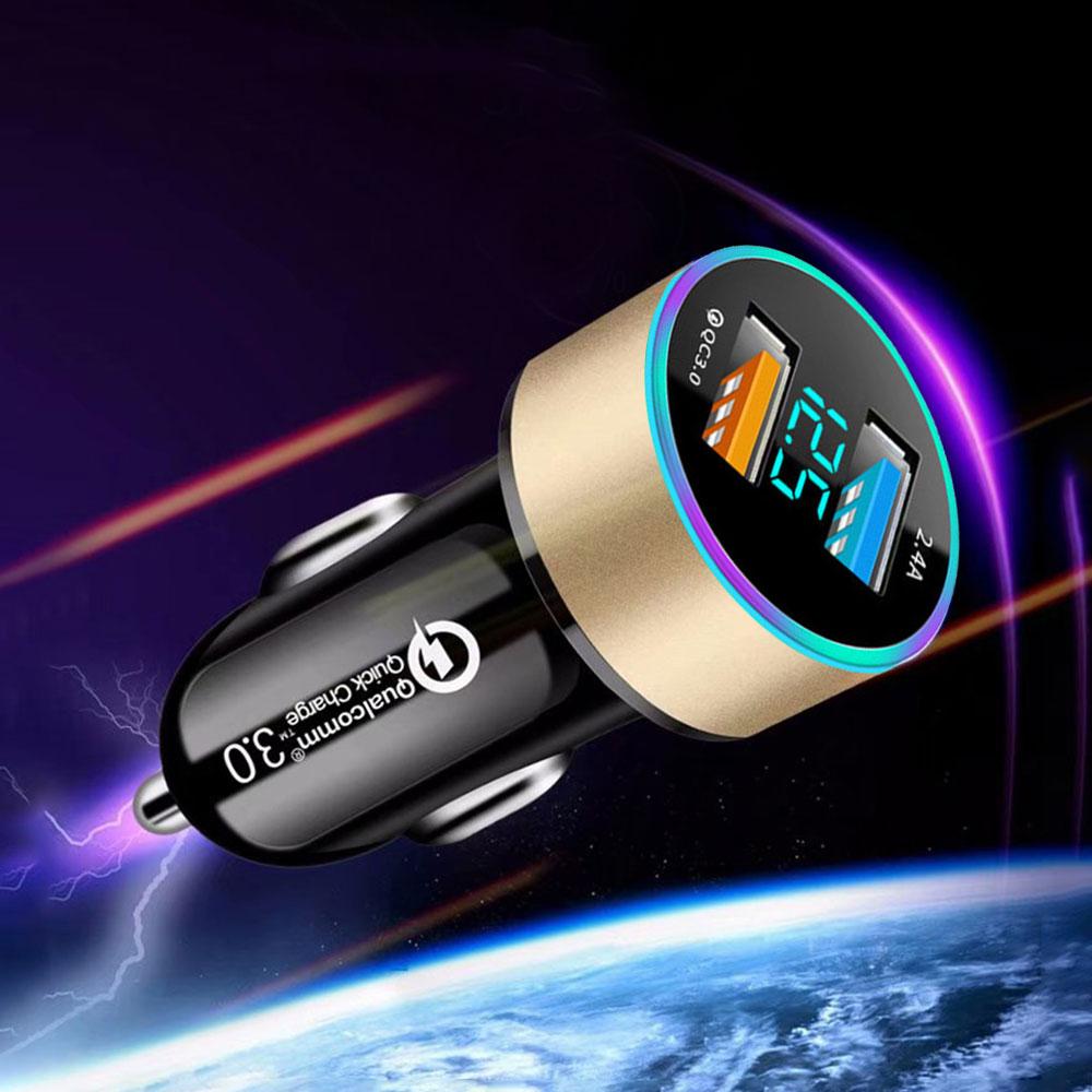 QC3.0 2.4A Dual USB Car Charger for Phone LCD Display 12-24V Cigarette Socket Lighter Fast Charging Power USB Adapter Charger