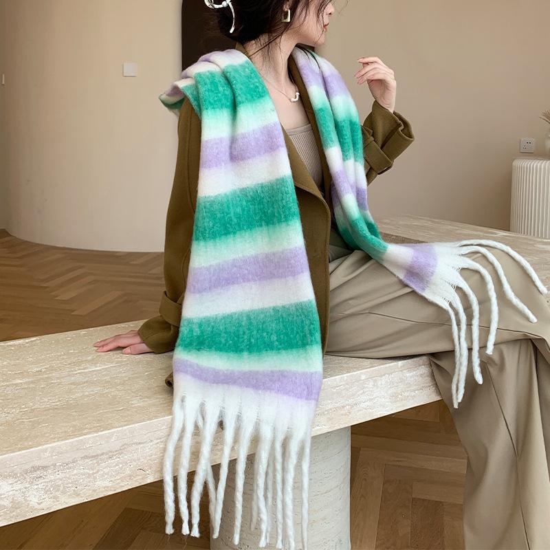 Winter New Scarf Women's Winter Thickened Warm Scarf Colored Plaid Fringed Scarf Shawl Fashionable Outer Cover