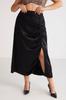 Women's Style Big Size Skirt Jena Bubbly Satin Look Drape Detailed Slit Midi Black Plus Size Skirt
