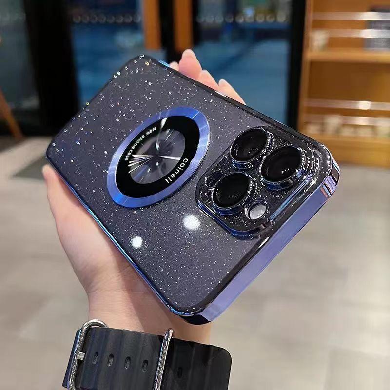 Металлический магнитный кронштейн для чехла для телефона iPhone 16 для Apple 15 Pro Гальванизированный ПК Глиттер Защитная крышка Прозрачный