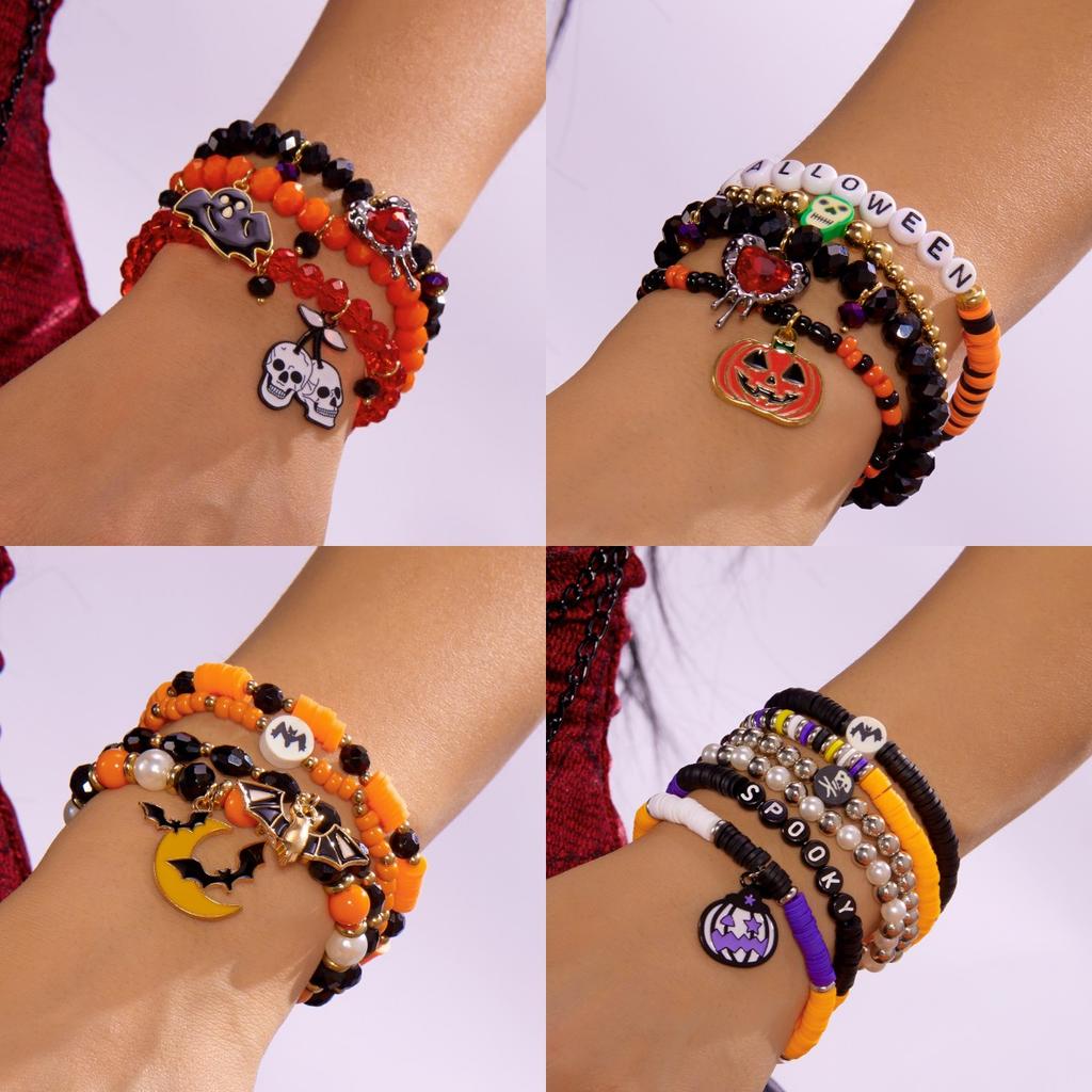 3Pcs Halloween Beaded Bracelet Set for Women Vintage Gothic Spider Ghost Pumpkin Skeleton Pendant Bangle Jewelry Gift