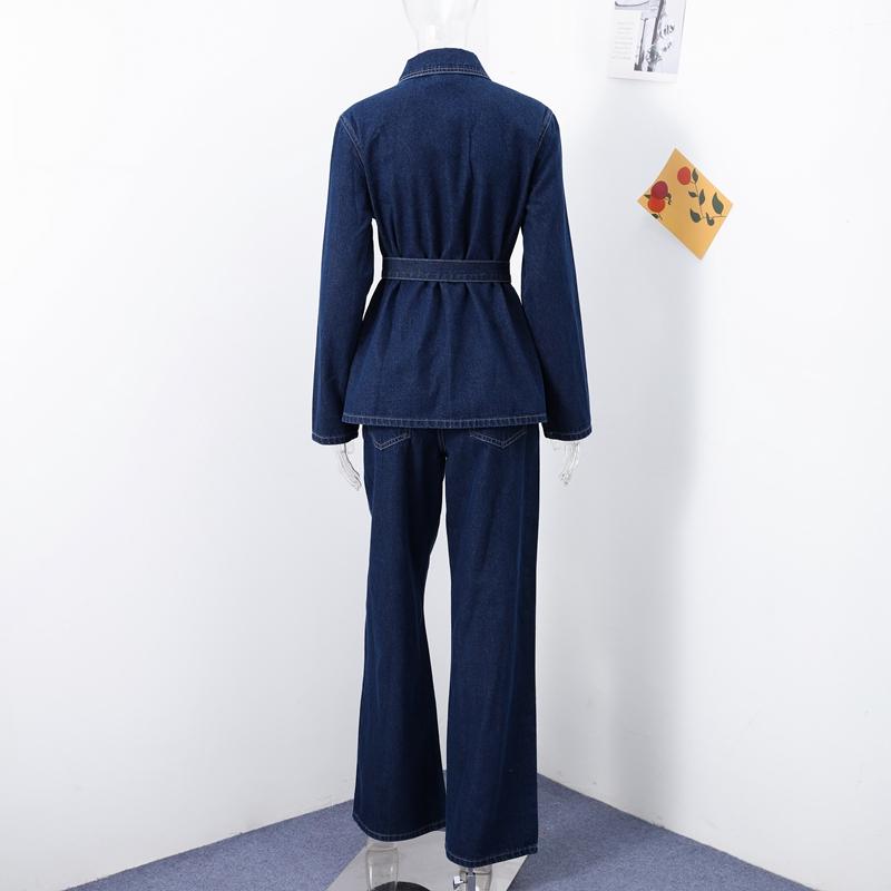 Винтажный пояс джинсовая куртка брючный костюм женский лацкан однобортный кружевной пиджак прямые брюки 2025 весна свободная женская одежда