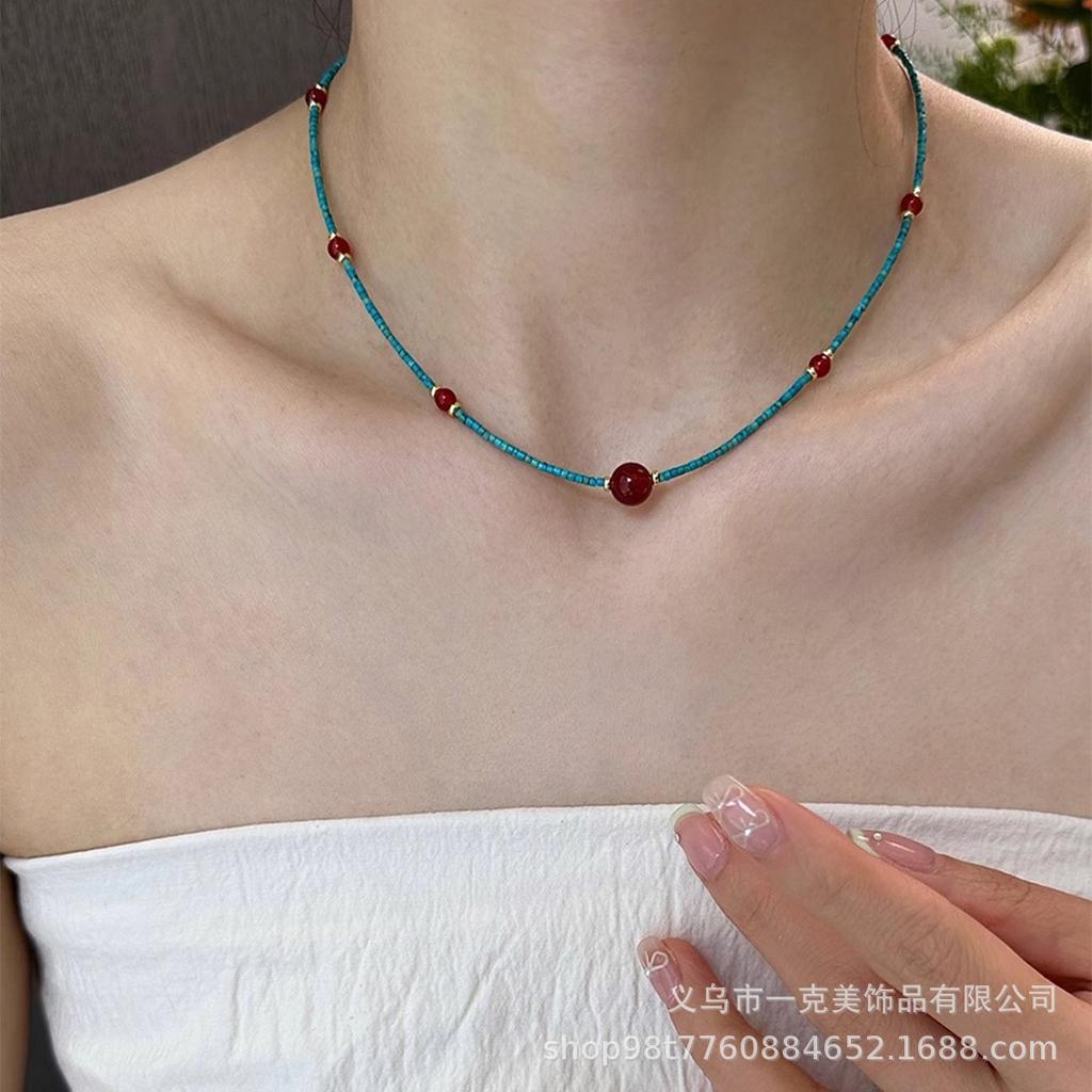 Xiaohongshu same style s9Silver Chinese-style green turquoise and agate necklace with rice bead clavicle chain