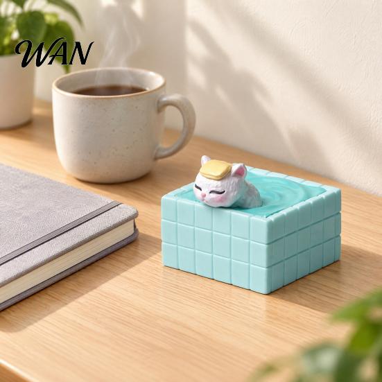 Unique Desktop Ornament for Cat Lovers Cute Bathing Figurine, Mini Kitten in Blue Bathtub Statue, Micro Landscape Small Sculpture Home Fairy