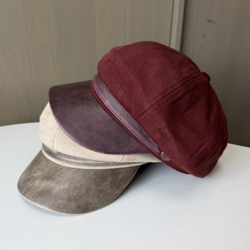 Autumn and winter new suede velvet retro cap women's leather edge splicing temperament fashionable face small octagonal hat