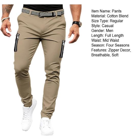Men Pants Zipper Decor Solid Color Mid Waist Soft Breathable Zip Up Button Closure Pockets Slim Fit Casual Four Seasons Streetwear Jogger Pencil Pants