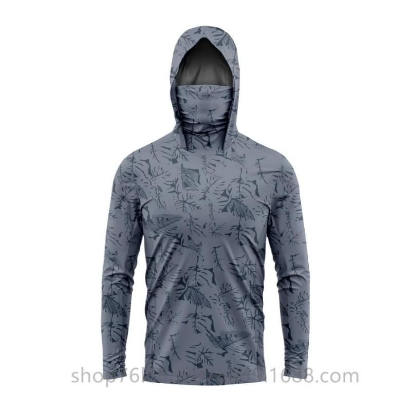 Mens Quick-Dry Ice Silk Long Sleeve UPF Sun Protection Hooded Fishing Shirt With Integrated Face Cover