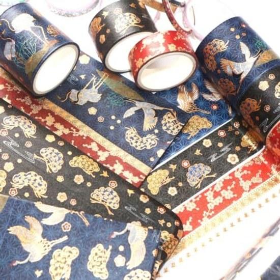 Masking tape cute crane plum blossom cloud ukiyo-e style DIY stationery diary gold foil washi 5-piece set Japanese decorative stickers colorful seals