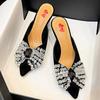 Fashion Luxury Rhinestone Bow Women Sandals High Quality Pointed Toe Thin Heel Slide Sandals Fashion Comfort Party Plus Size Dress Shoes