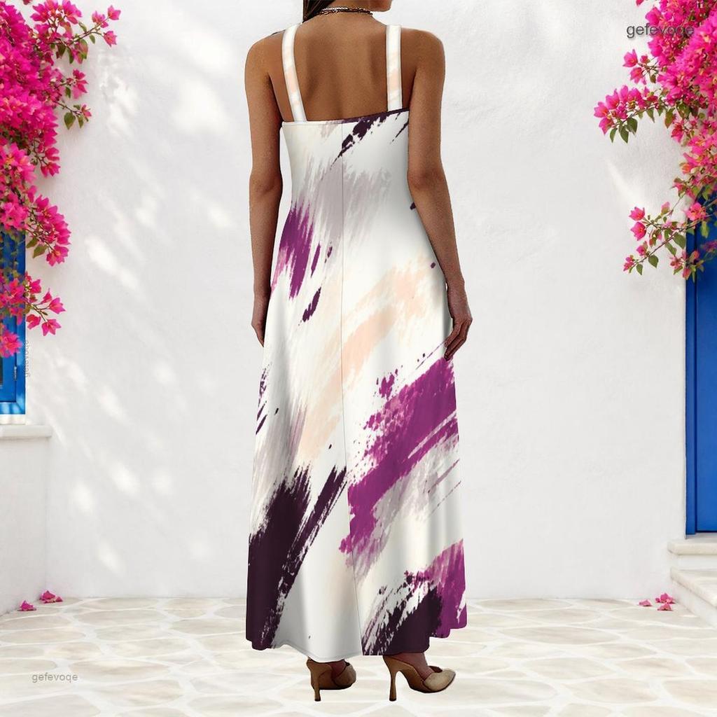 Women Plus Size Scoop Neck Strappy Sleeveless Marble Printed Dark Green Navy A Line Long Maxi Dress