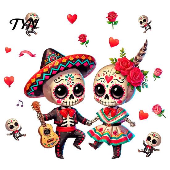 Removable Glass Art for Stores Halloween Cartoon Skeleton Couple Window Stickers, Waterproof PVC Day of The Dead Static Decals,