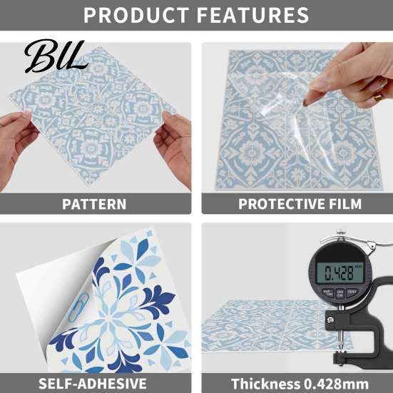 Rental Friendly Wall Decor 24Pcs Peel And Stick Backsplash Tile, Retro Blue PVC Kitchen Backsplash, Decorative Removable Furniture Surface Protector