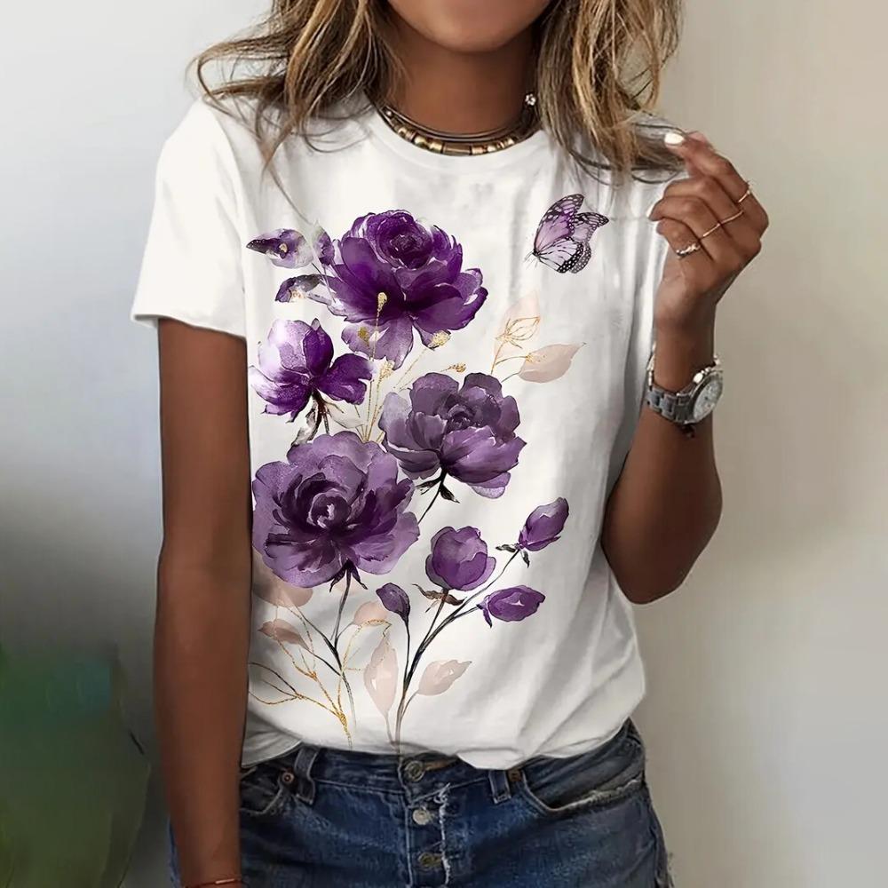 Новые летние женские футболки с цветочным 3D-принтом, модные футболки с круглым вырезом и коротким рукавом, свободные женские футболки Y2k, симпатичная футболка