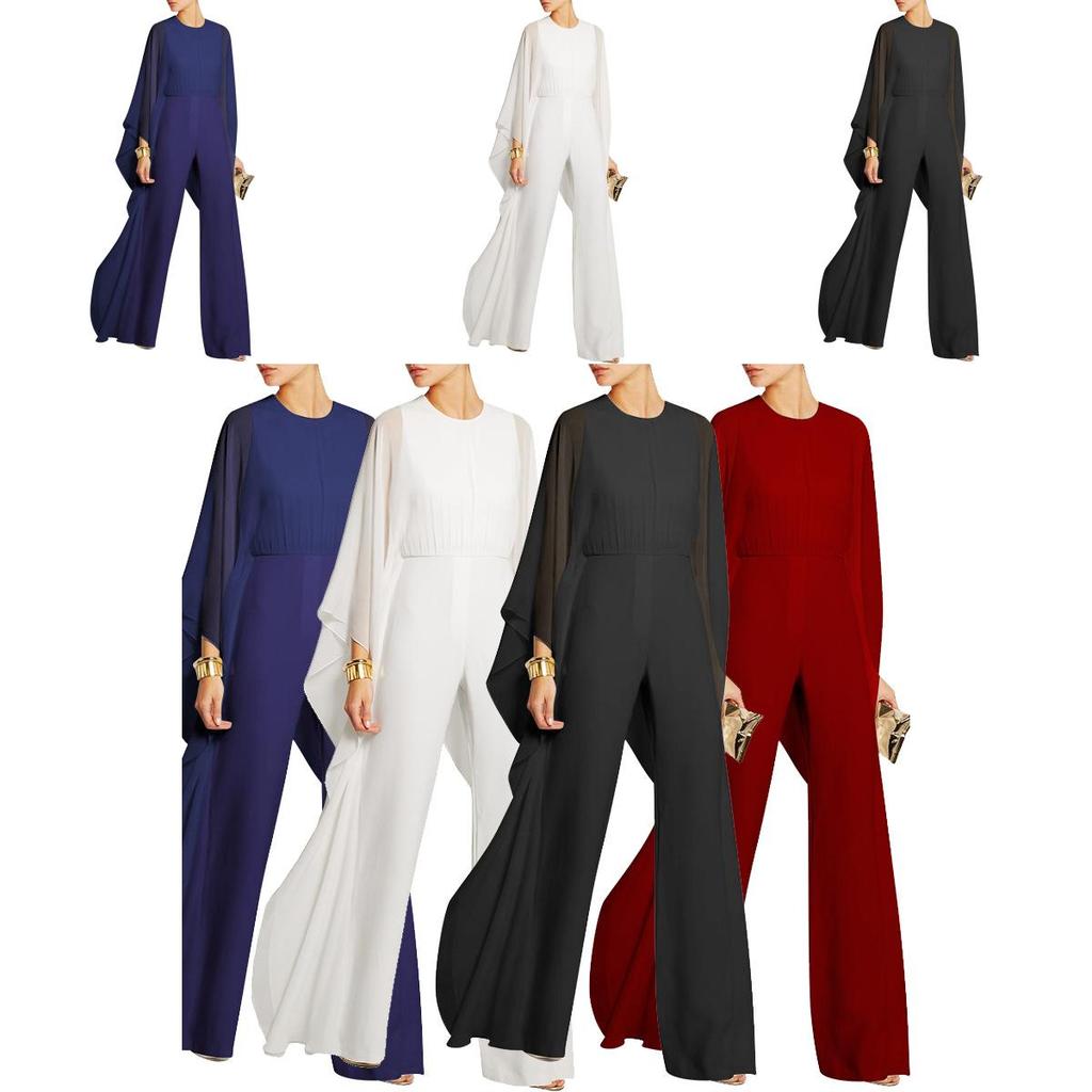 Elegant Women Splicing O-neck Pullover Jumpsuit With Batwing Long Sleeves And High Waist Zipper