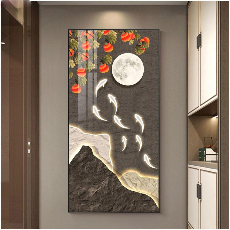 Abstract Fengshui Golden Zen Stone Canvas Painting Golden Moon Deer Wall Art Rich Tree Posters for Porch Wall Decor No Frame
