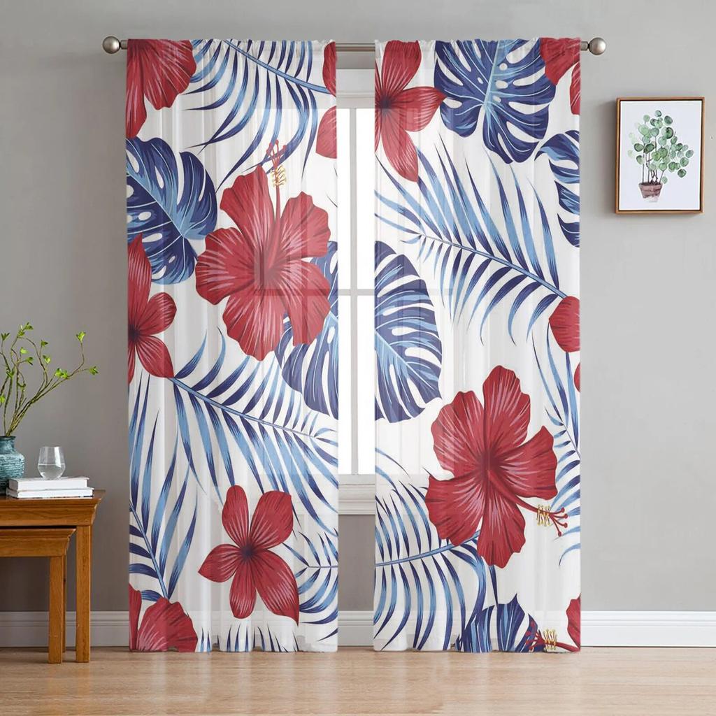 Tropical Plants Sheer Window Curtains for Living Room Girl Bedroom Tulle Curtains Kitchen Veil Chiffon Drapes