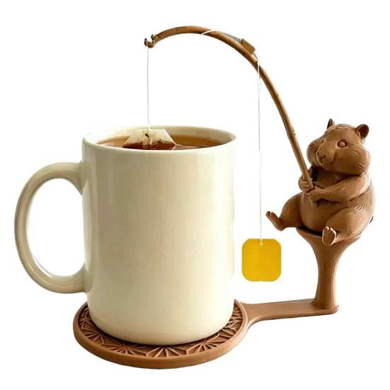 Tea Steep Helper Fishing Friends Bag Holder, Cute Resin Teabag String Keeper, Whimsical Animal Theme Gadget Decor, Fun Kitchen Counter Accessory,