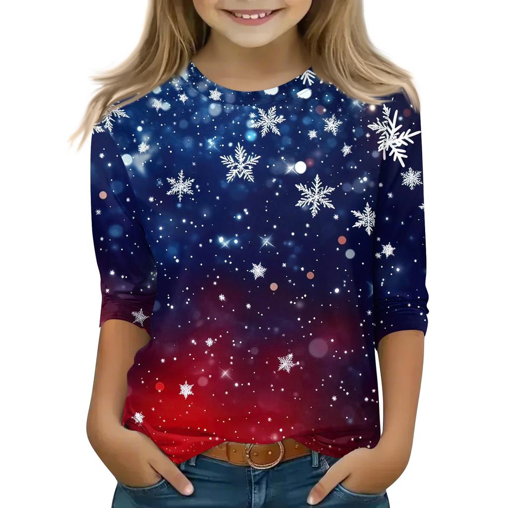 Children's 3/4 Sleeve Tops Casual Christmas Print T Shirt Round Neck Pullover Blouse
