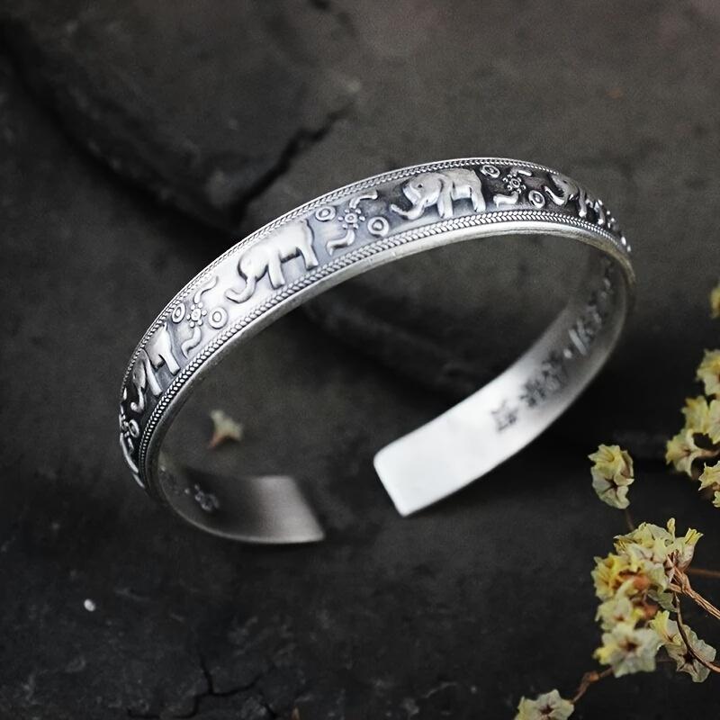 Серебряный 999 Пробы Модный Креативный Винтажный Животное Слон Открытый Браслет Унисекс