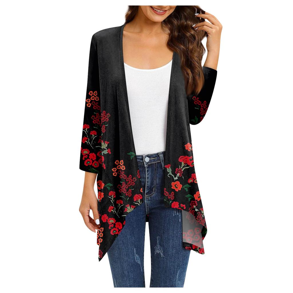 Женский кардиган неправильной формы с принтом, рукавами три четверти и карманной курткой