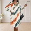 Women Plus Size V Neck Long Sleeve Printed Loose Fit Curved Hem Dress