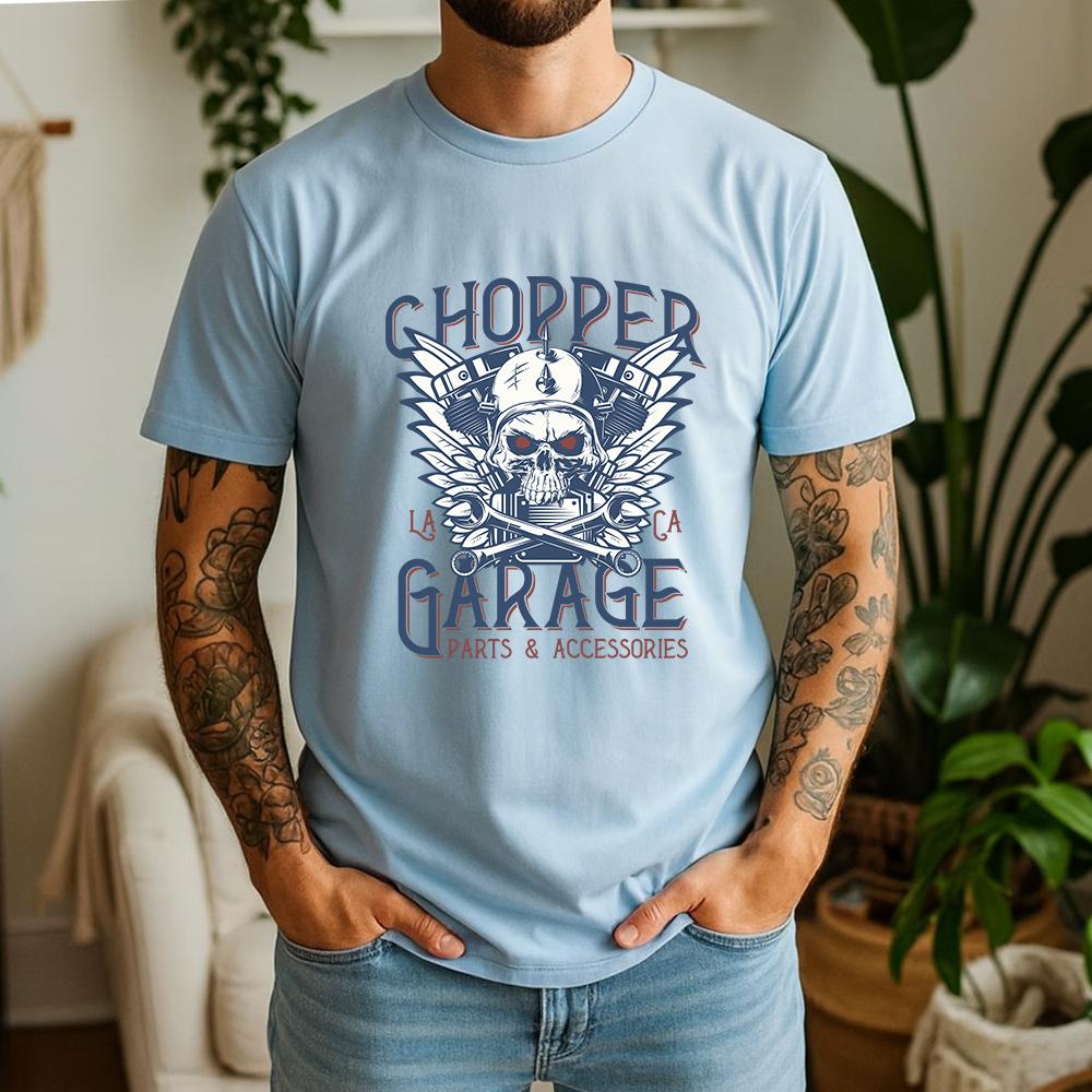 2026 New Summer Unisexs Casual Short Sleeve Cotton Tee Chopper Garage Skull Print Biker Daily Wear Streetwear