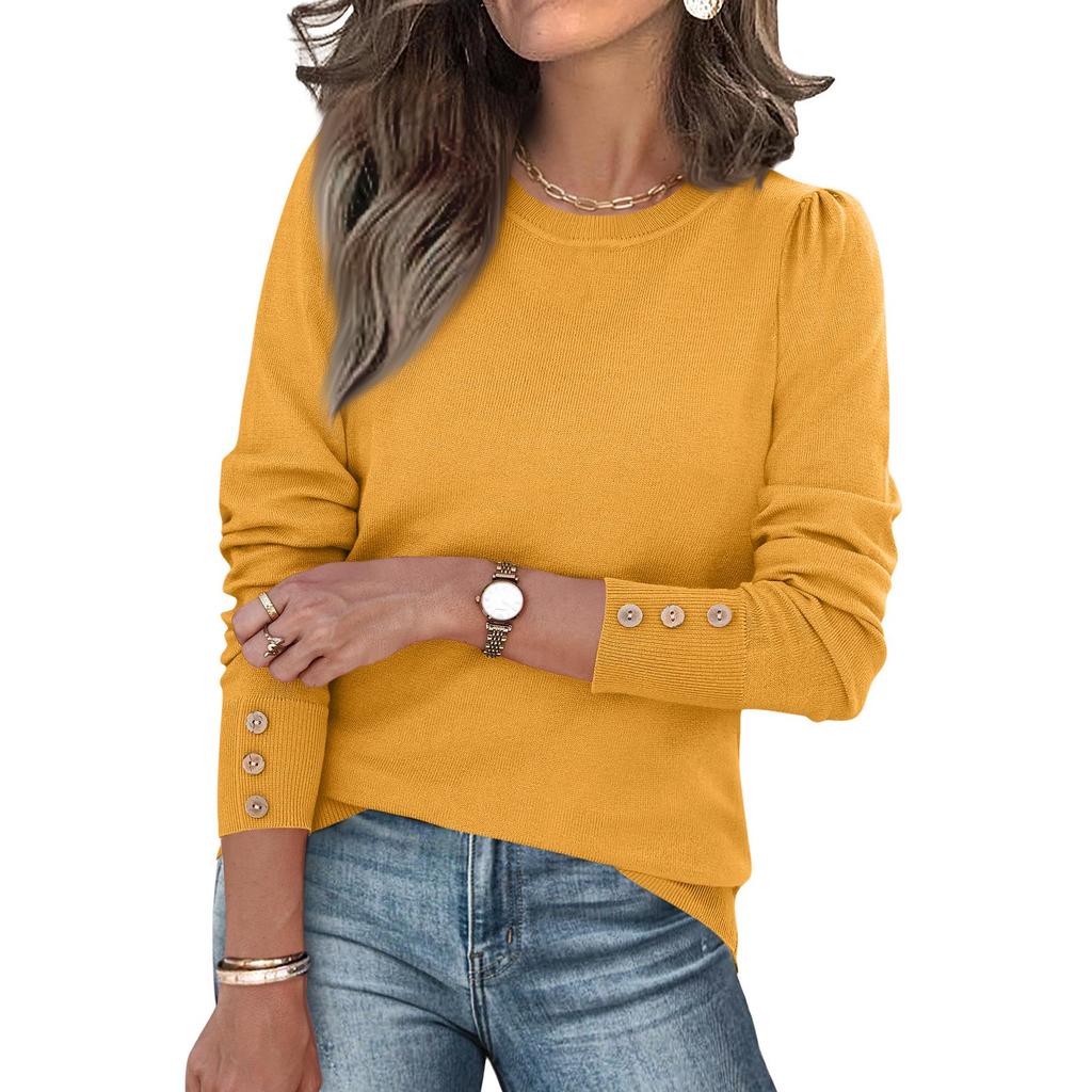 Женская мода Пуловер из мягкого трикотажа с длинным рукавом и манжетами на пуговицах, Трендовые топы однотонной расцветки