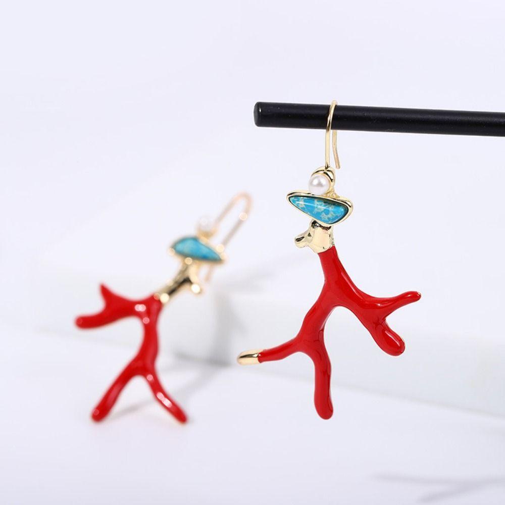 Red Coral Enamel Glaze Earrings Clear Geometric Drop Earrings Irregular Colored Earrings  Party