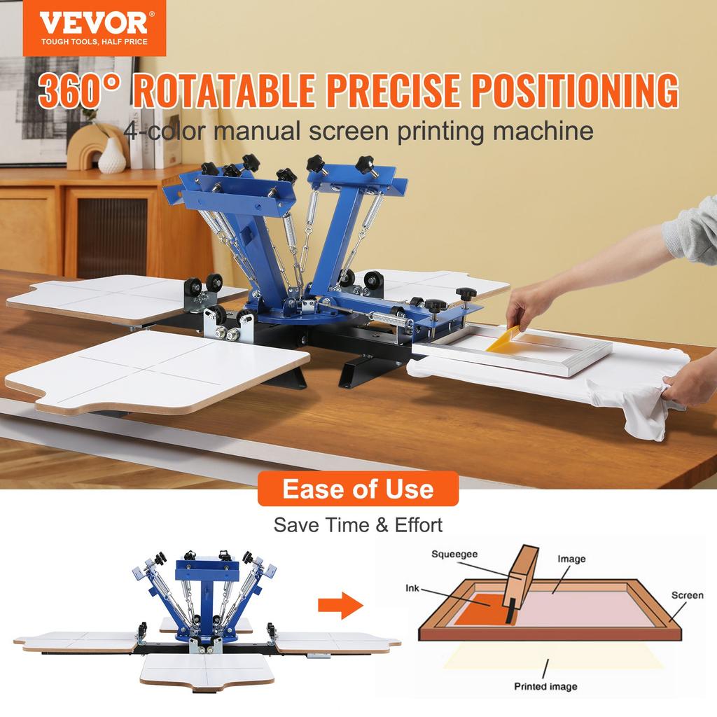 VEVOR Screen Printing Machine, 4 Color 4 Station 360 degrees Rotable Silk Screen Printing Press, 21.2x17.7in / 54x45cm Screen Printing Press