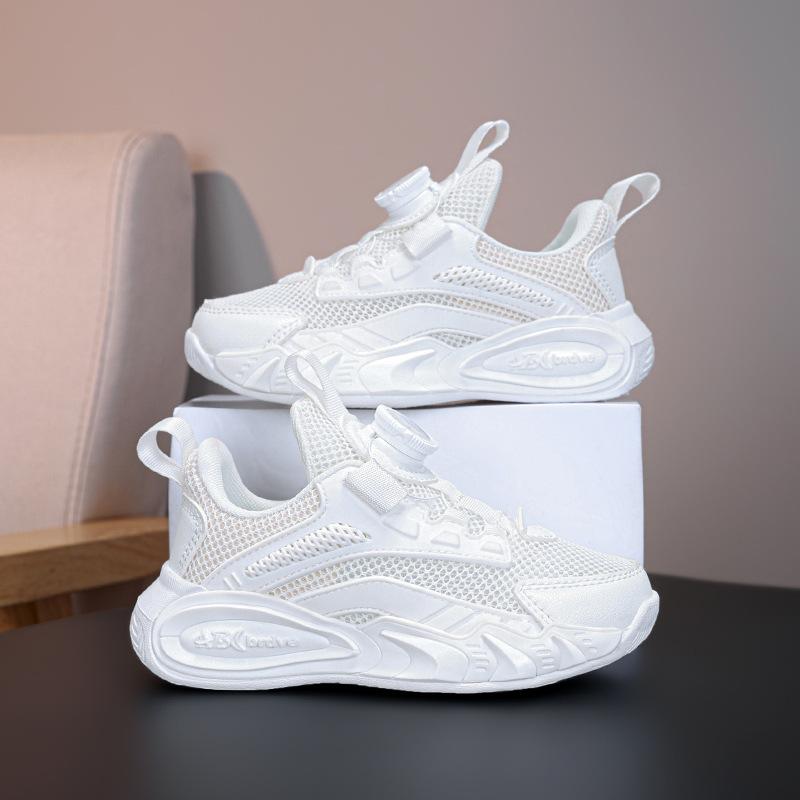 Single net children's shoes boys rotating buckle running shoes 2025 spring and summer mesh breathable non-slip soft sole girls sports shoes