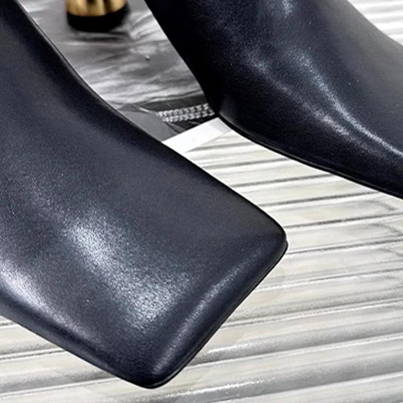 Fashion Square Toe Elegant Women Slippers Fad Mid Heels Leather Sandals Mule Shoes 2025 New Trend Spring Designer Dress Femme Chaussures