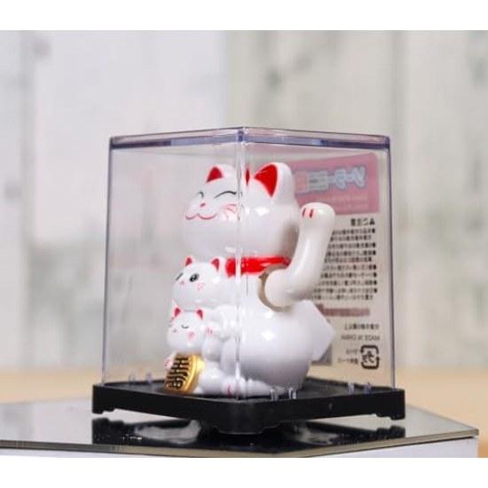 Hand Gesture Maneki Neko Parent Child (White) Movable Solar Power No Battery Needed Japanese Souvenir Comes Clear Case