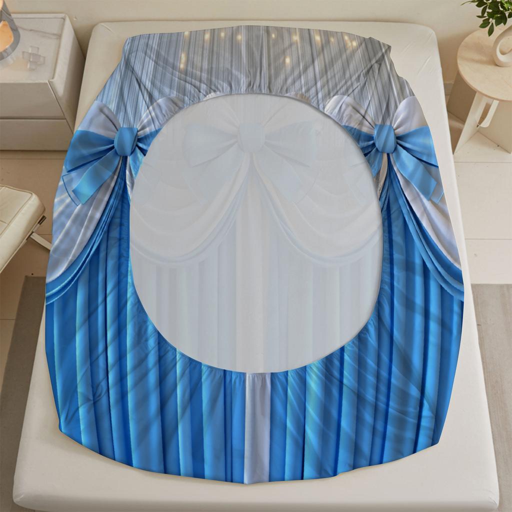 Синие Занавески с Бантами Комплект Постельного Белья с Простыней на Резинке Сине-Белый Принт Занавесок Постельное Белье с Наволочками для Спальни