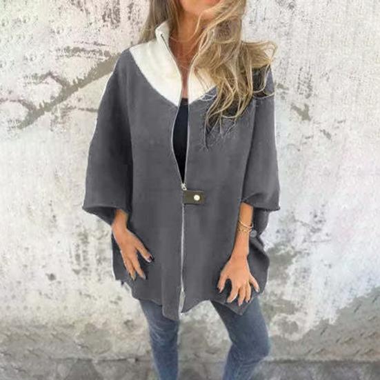 Lady Spring Fall Coat Stand Collar Zipper Closure Loose 45355 Sleeves Jacket