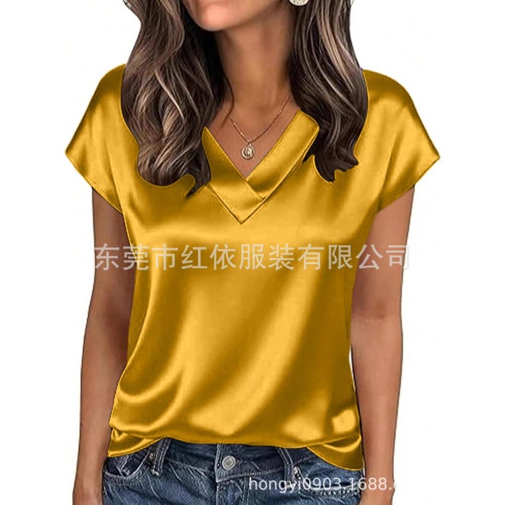21-Color Women's Satin T-shirt Spring and Summer European and American Women's Clothing New V-neck Satin Casual Top Women