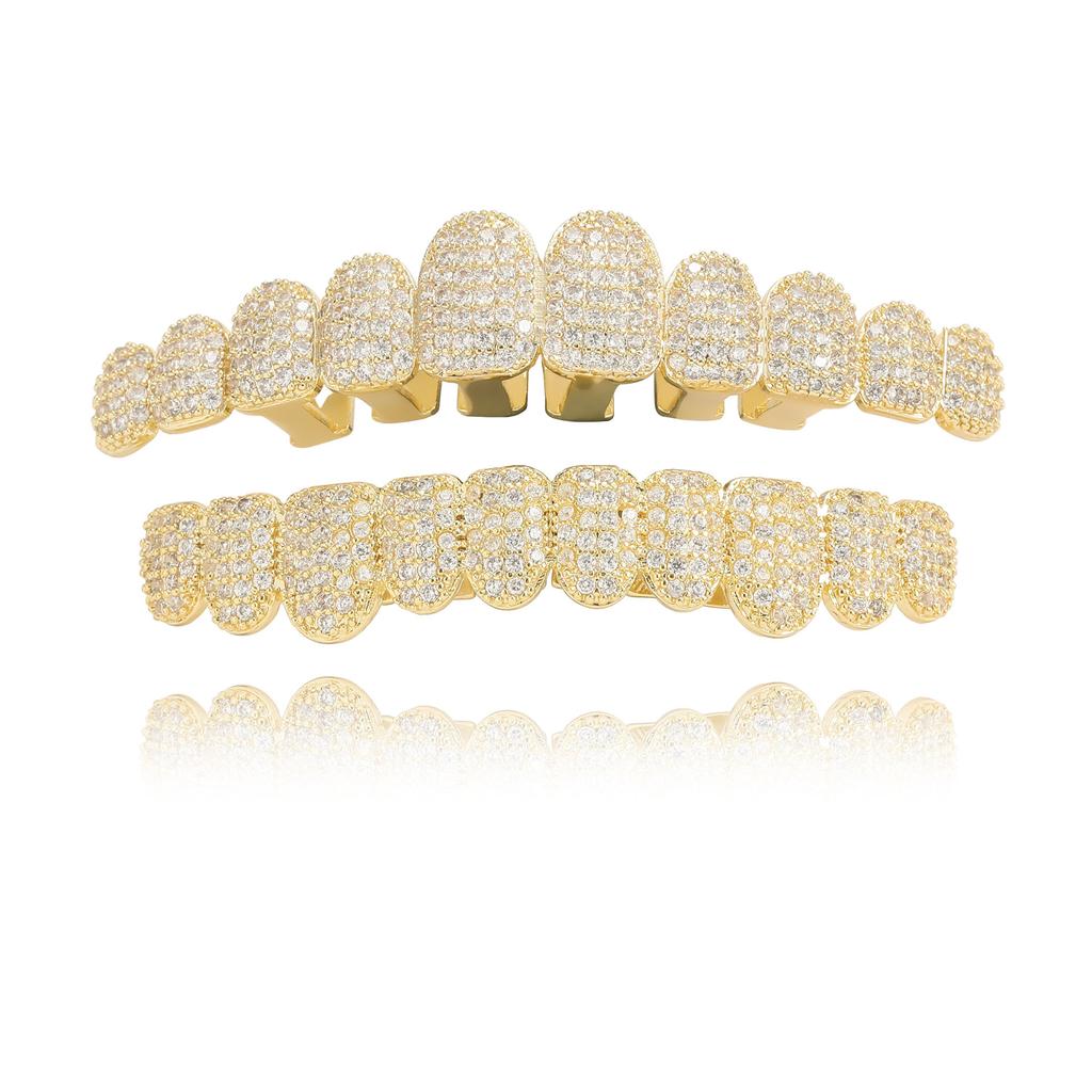 New Hiphop Teeth Grillz Iced Out Micro Pave CZ Stone Top & Bottom Grills Brass with Bling Zircon Diamond Grillz Set Body Jewelry