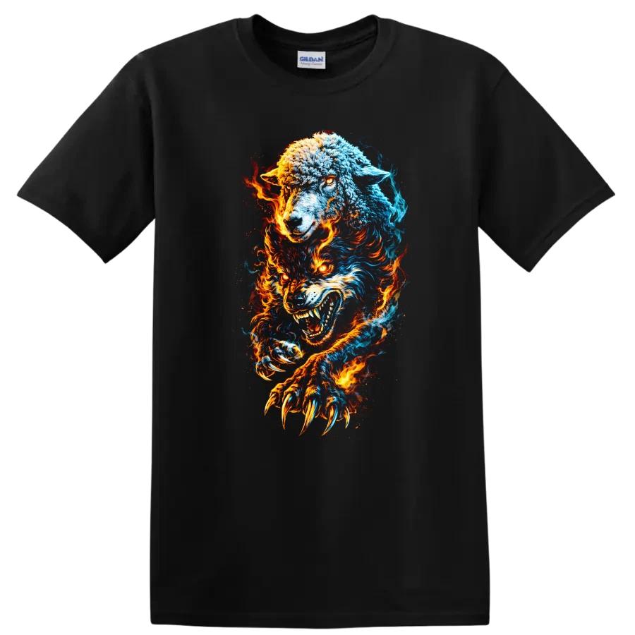 Wolf Sheep Fire Graphic T Shirt Unique Animal Art Cool Tee Design