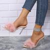 2025 New Women's Slippers Pink Feather Peep Toe Pointed Slippers Sexy Slip On Clear Heel Slides Women Thin Heels Summer Footwear