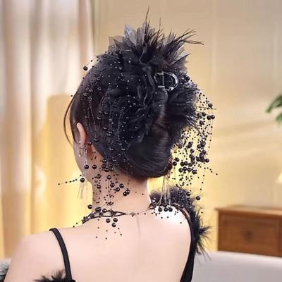 Yousheng Hair Claw Feather Mesh Yarn Flower Decor Clip Hair с кисточкой из искусственного жемчуга на затылке для душа