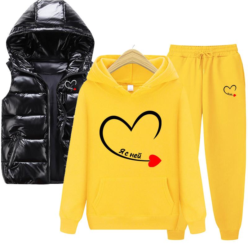 Горячая весна и осень, однотонная толстовка с принтом, комплект из 3 предметов: толстовка для пары + жилет + брюки, спортивная одежда