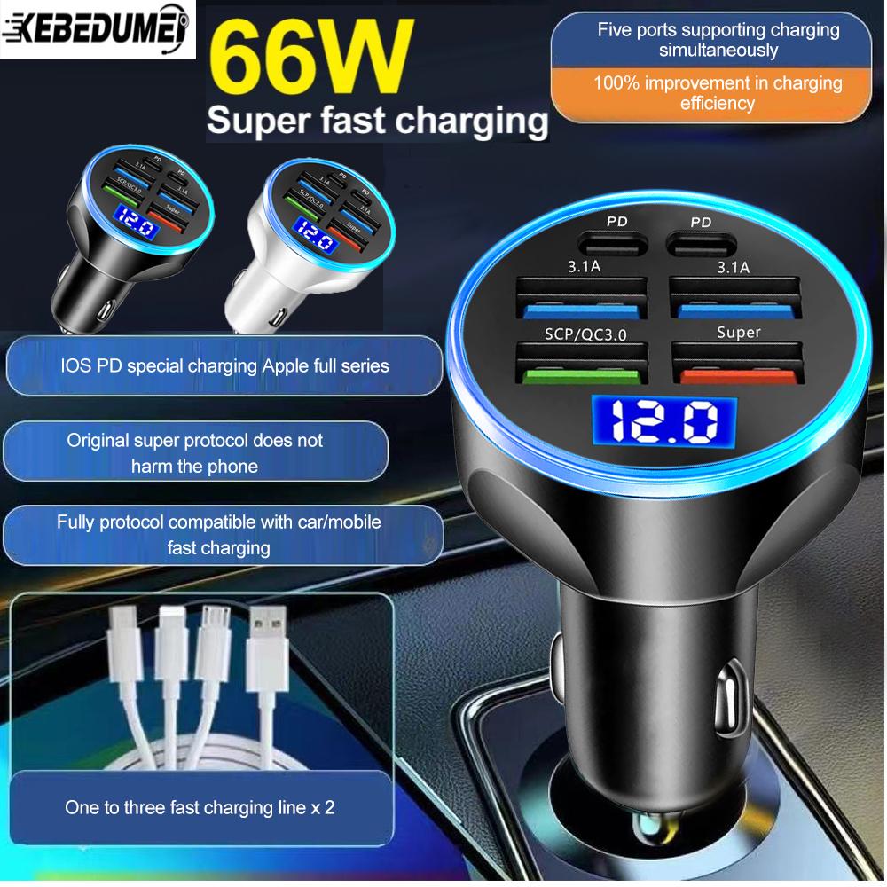 Автомобильное зарядное устройство QC3.0 на 6 портов мощностью 66 Вт, быстрая зарядка с индикатором напряжения для внутреннего оборудования автомобиля
