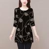 Spring and Summer Middle-aged Women's Round Neck Thin Long Sleeved Geometric Printed Pocket Fashion Casual Bottom Tops